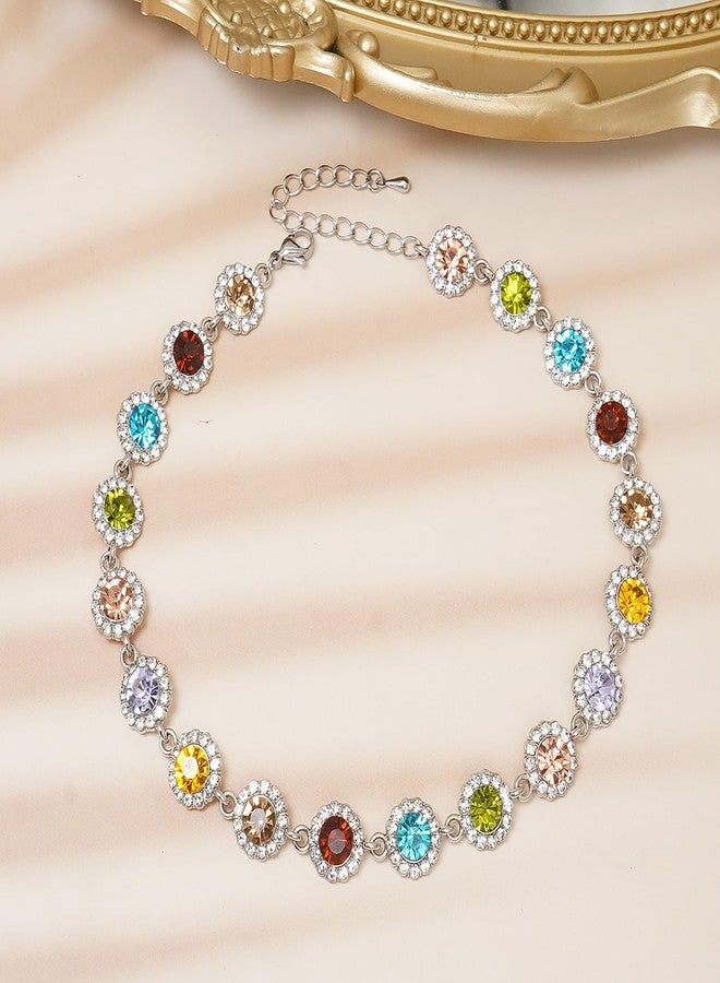 Wovanoo Crystal Choker Necklace Sparkly Rhinestone Chokers Gold Colorful Necklaces for Women Colorful Silver - Image 3